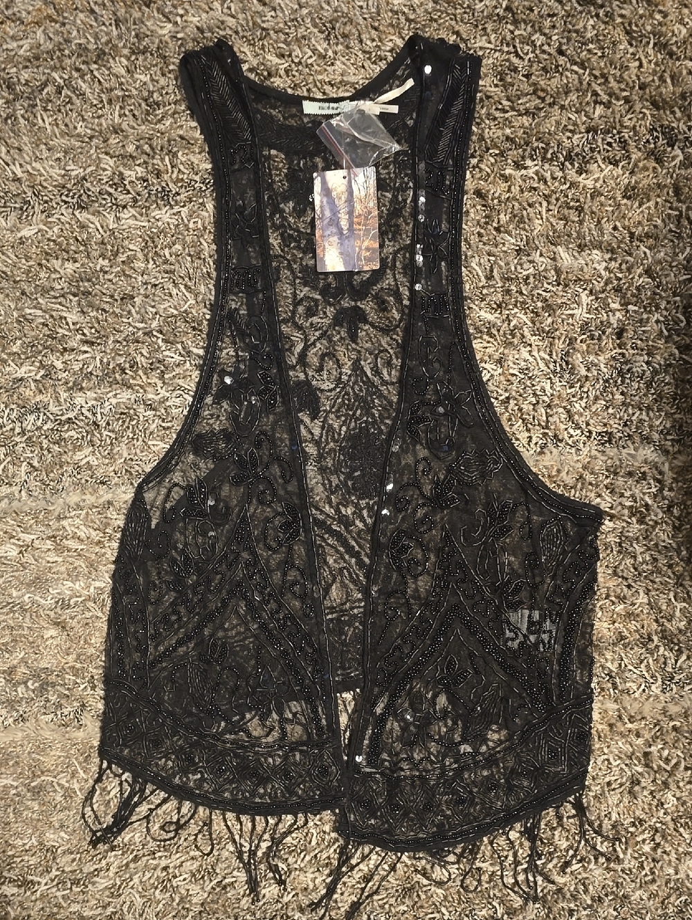 Urban Outfitters By Kimchi Blue Black Beaded Lace Fringe Camisole Vest